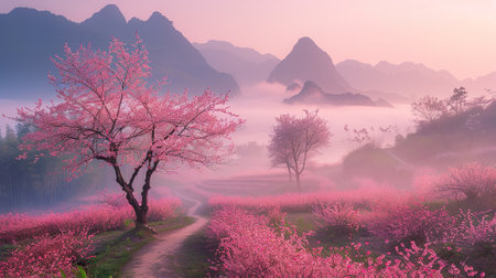 Peach blossom and foggy morning in the valley, 3d illustrationの素材