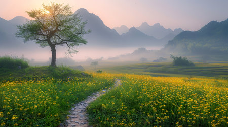 Mountain landscape with yellow flower field and fog in the morning.の素材