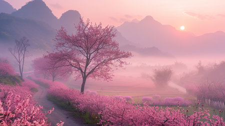 Peach blossom and foggy morning in the valley, 3d illustrationの素材