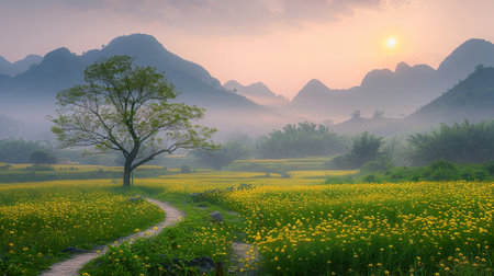 Mountain landscape with morning mist and blooming meadow at sunriseの素材