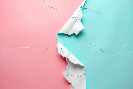 Pieces of torn paper on pink and blue background with copy spaceの素材