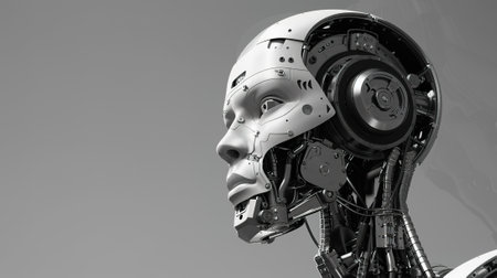 3d rendering robot head on a background of blue sky, black and whiteの素材