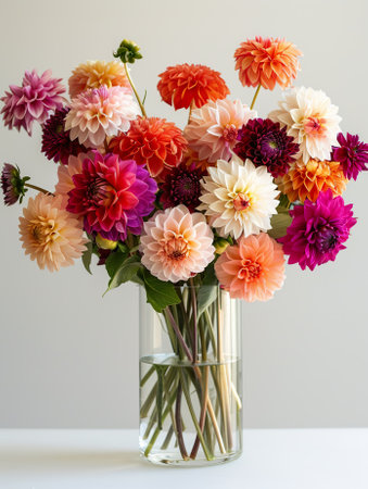 Colorful dahlia flowers in glass vase on white backgroundの素材