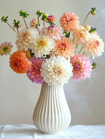 Bouquet of dahlias in a vase on the tableの素材