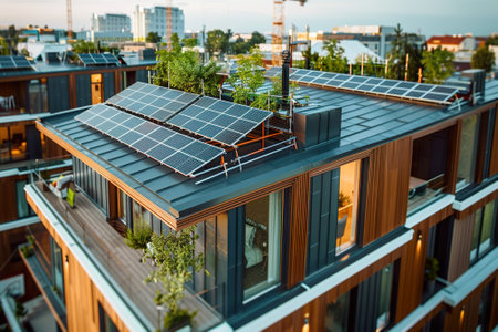 Solar panels on the roof of a modern house in the evening.の素材