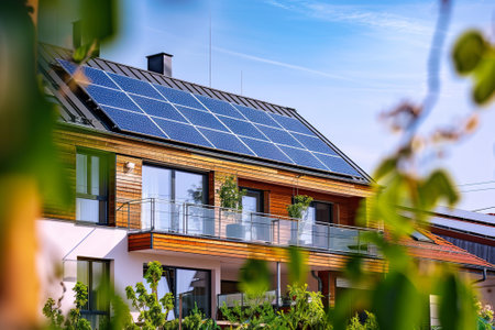 Modern house with solar panels on the roof. Renewable electricity source.の素材