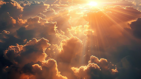 Sunset sky background with clouds and sun rays. 3d illustrationの素材