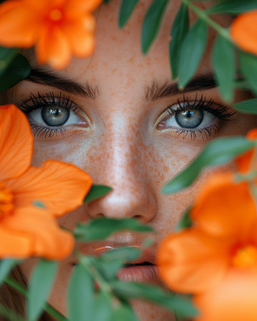 Close-up portrait of beautiful young woman face with orange flowers.の素材