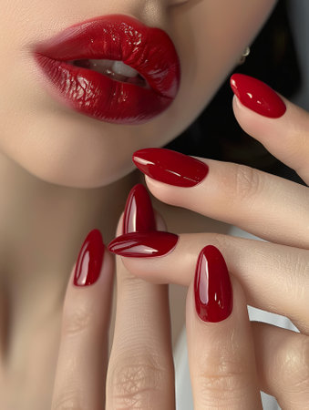 Close-up portrait of beautiful young woman with red manicure on nails.の素材