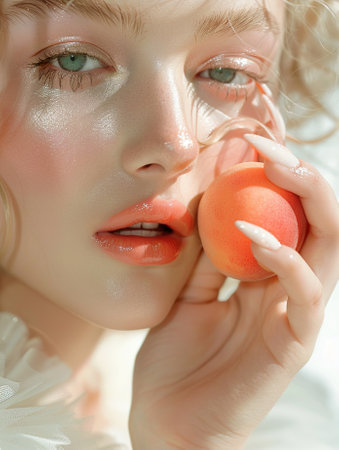 Portrait of beautiful young woman with red lips and manicure holding peachの素材