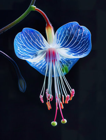 Beautiful blue fuchsia flower on black background, close upの素材
