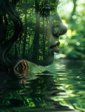Beautiful woman in the forest reflected in the water. Beauty and nature concept.の素材