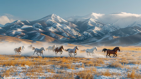 Horses run gallop in the meadow in the winter mountainsの素材
