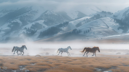 Horses running in the fog in the mountains. Winter landscape.の素材