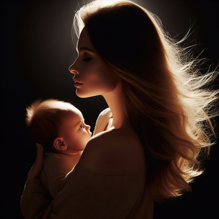 Portrait of beautiful young mother with her newborn baby over dark background.の素材