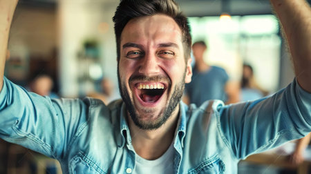 Portrait of a young man laughing while taking a selfie in a cafeの素材