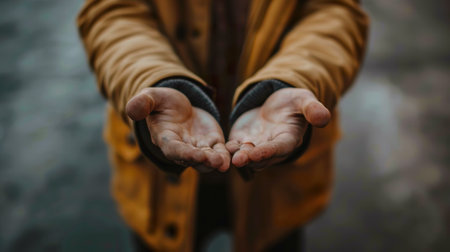 Close up of a man's hands in a yellow raincoat.の素材