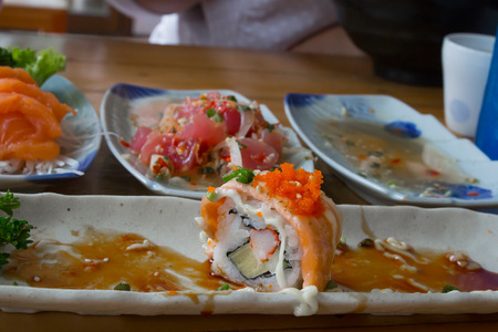 Rest of the rice and vegetables roll with salmon.の写真素材