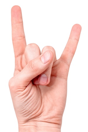 "Horns up" - traditional heavy metal gesture, isolated on white backgroundの写真素材
