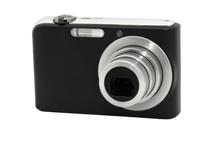 Closeup image of digital compact camera, isolated on white backgroundの写真素材