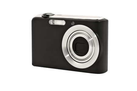 Closeup image of digital compact camera. Isolated on white backgroundの写真素材
