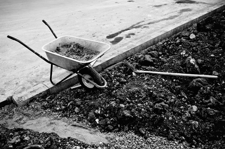 Wheelbarrow and shovelの写真素材