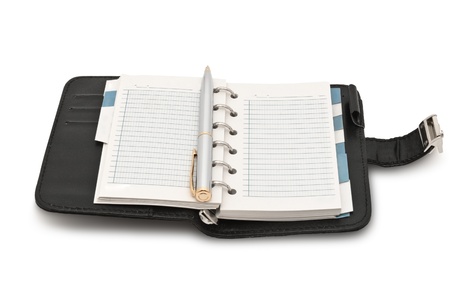 Closeup image of organizer and pen, isolated on white backgroundの写真素材