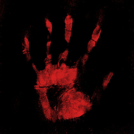 Scary bloody hand print on a black backgroundの写真素材