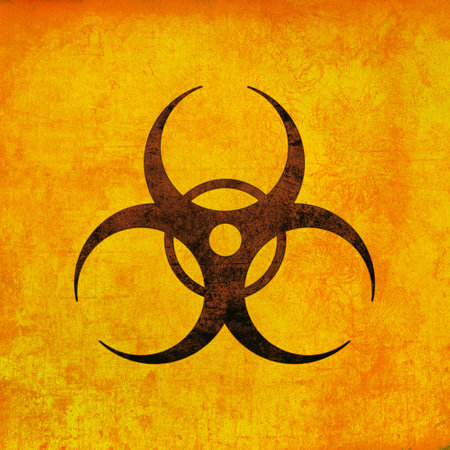 Biohazard sign, brown on yellow. Biological threat emblem, grunge texturedの写真素材