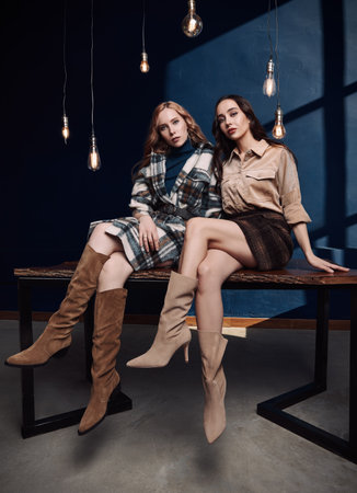 Retro fashion: two beautiful young women sit on table. Vintage portrait of pretty girls in seventies styleの写真素材