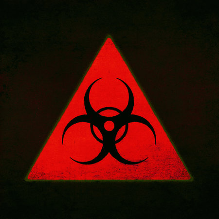 Biohazard sign, red on black. Biological threat emblem, grunge texturedの写真素材
