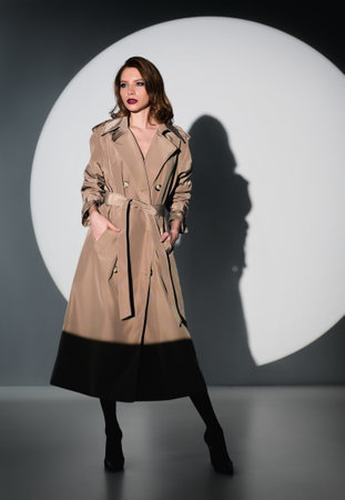 Film noir style: gorgeous elegant young woman. Vintage (retro) portrait of beautiful young girl in black stockings, shoes and trench coatの写真素材