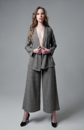 Studio fashion shot: beautiful sexy young girl in checkered suit. Portrait of pretty woman in costume against the gray backgroundの写真素材