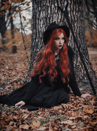 Halloween (Samhain) theme: ginger (red-haired) witch sitting at the tree. Portrait of attractive redhead sorceress in autumn forestの写真素材