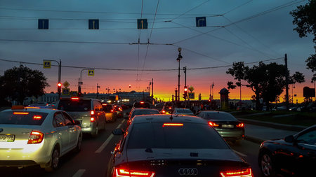 Traffic jam in St. Peterburg with white night.