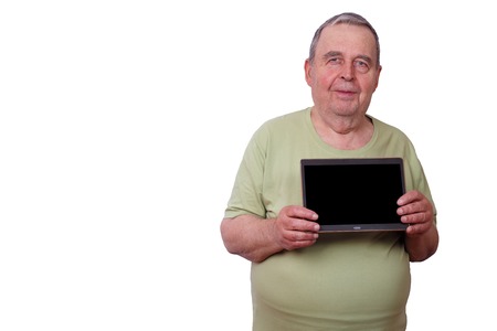 Portrait of senior elderly satisfied smiling man with tablet, isの写真素材