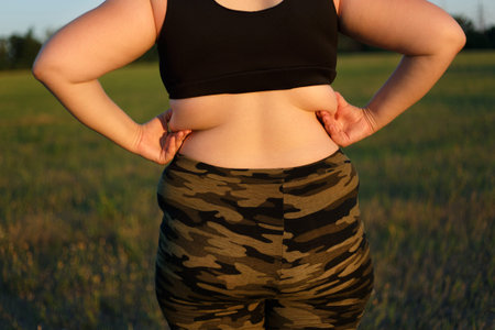 Overweight fat woman in camouflage pants standing outdoors showiの写真素材