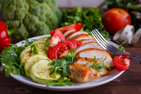 Diet concept, healthy lifestyle, low calorie food.  Baked chickeの写真素材