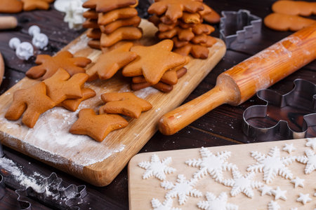 Cooking and decorating christmas gingerbread cookies. Baked cook