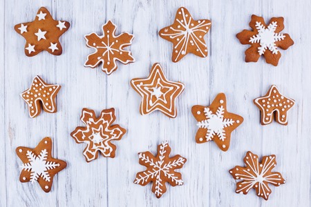 Christmas background. Gingerbread snowflake cookies set decorateの写真素材