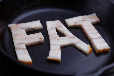 Close up of bacon shaped as the word Fat in the frying pan. Dietの写真素材