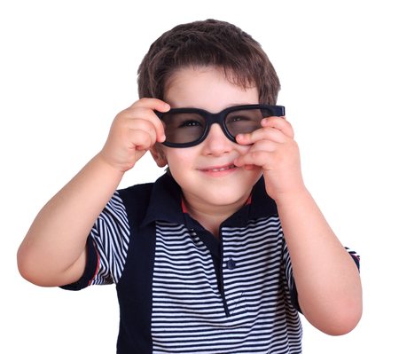 Cute funny little boy wearing sunglasses, isolated on white. Lifの写真素材