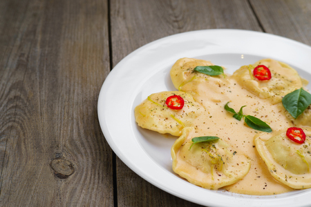 Italian ravioli and bechamel sauce, copy spaceの写真素材
