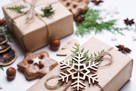 Gift boxes, gingerbread and decorations,close upの写真素材