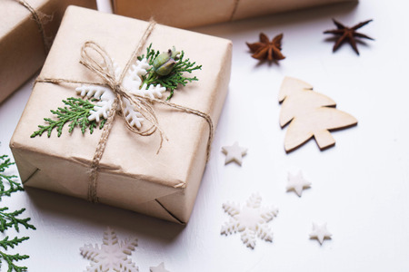 Christmas gift boxes on white background, close upの写真素材