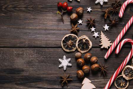 Christmas decorations, sweets, spices background