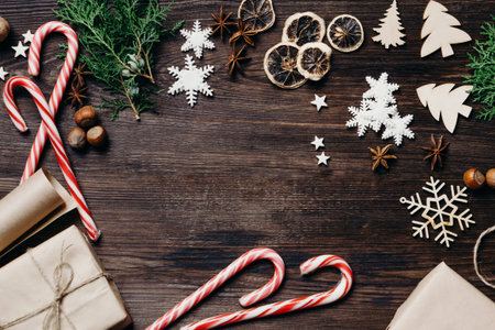 decorations and presents at rustic background