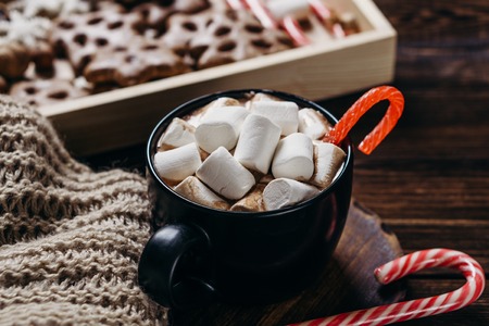 Knitted blanket, hot chocolate and sweets on trayの写真素材