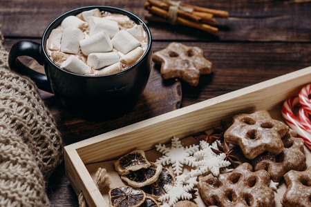 Hot chocolate and traditional winter sweetsの写真素材