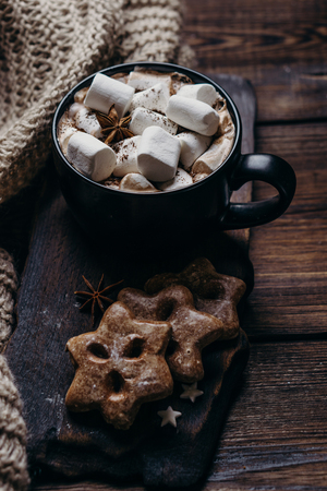 Christmas background with hot chocolate and sweetsの写真素材